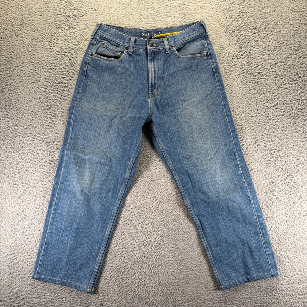 Vintage Nautica Jeans Mens 34x27 Blue Cotton Denim Straight Baggy Faded Workwear